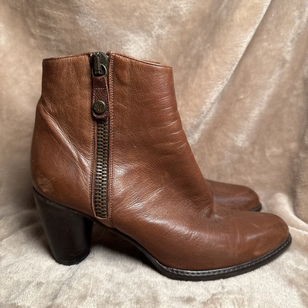 Stuart Weitzman Ankle Boot Block Heel Cognac Brow… - image 1